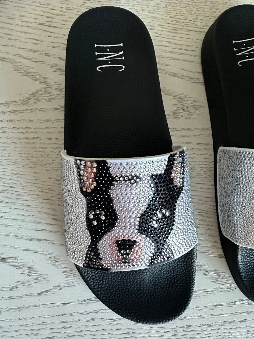 INC International Concepts Black & Silver Rhinestone Boston terrier Slide Sandal